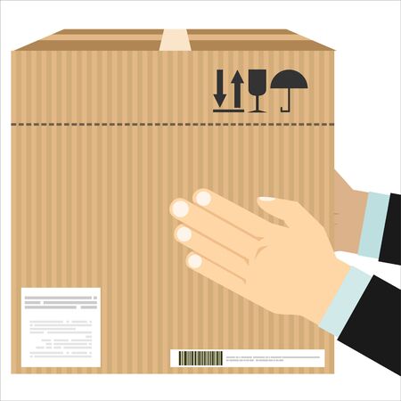 Human hand holds the package. Delivery service concept.Vector illustration in flat design.のイラスト素材