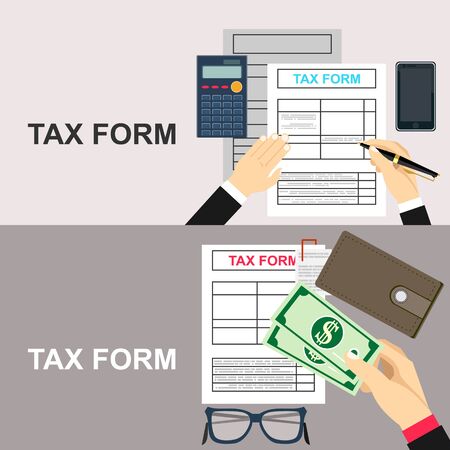 Tax calculation, budget calculation, accounting, paperwork concept. Top view.のイラスト素材