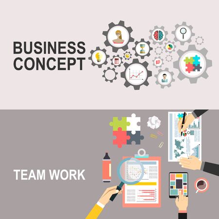 Flat Style Modern Design Concept of Creative Office Workspace. Icons Collection of Business Work.Team Work Flat Concept Vector Illustrationのイラスト素材