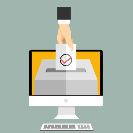 Voting online concept. Hand putting voting paper in the ballot box on a laptop screen. Flat vector illustration.のイラスト素材