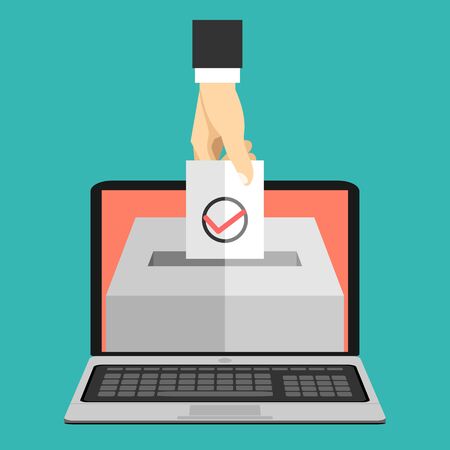 Voting online concept. Hand putting voting paper in the ballot box on a laptop screen. Flat vector illustration.のイラスト素材