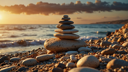Stack of zen stones on the beach at sunset. Zen conceptの素材