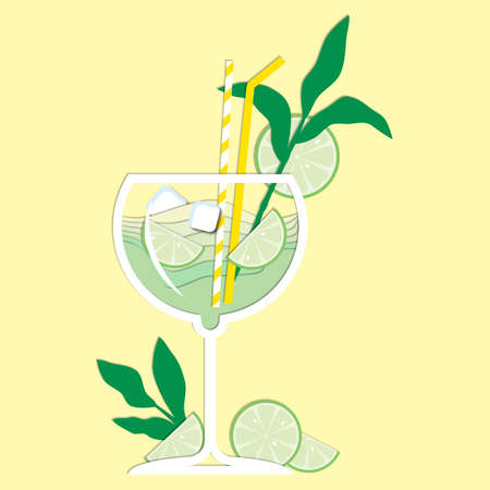 Paper illustration of a glass of drink with lime ice, lime branch and strawsのイラスト素材