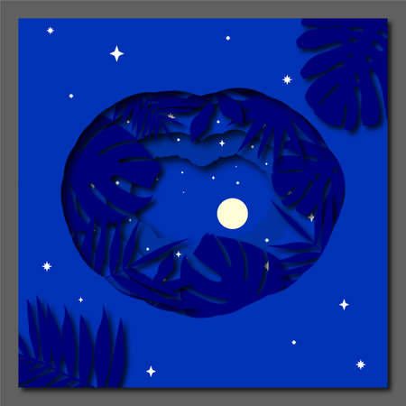 Beautiful blue night landscape with leaves and stars paper illustrationのイラスト素材