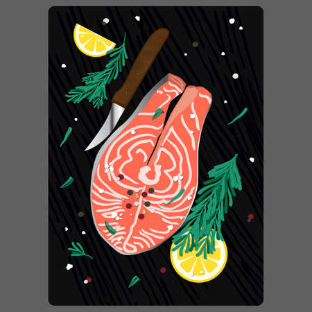 Vector illustration of salmon baked with lemon and rosemary on a volanic rock boardのイラスト素材