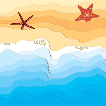 Vector illustration of a sandy seashore with starfishes in paper techniqueのイラスト素材
