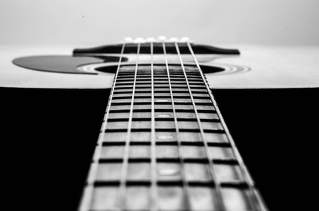 Guitar Strings, close up. Acoustic guitar. Black and white.