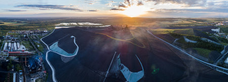 erial view Oil refinery with a background of mountains and sky at sunset. Aerial photography. Kohtla-JÃ¤rve city, Estonia, Ida-Virumaa. Panorama.の写真素材
