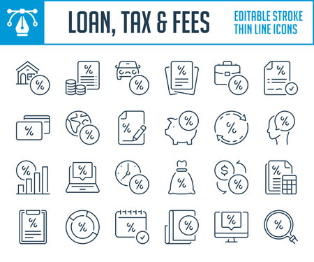 Loan, Tax and Fees thin line icons. outline icon set. Percentage, Discount and Rate interest Editable stroke icons.のイラスト素材