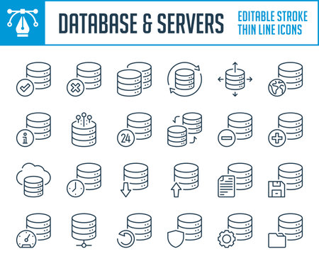 Database and Server settings thin line icons. Online storage, Hosting and File network outline icon set. Editable stroke icons.のイラスト素材