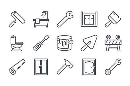 Renovation and home repair line icon set. Building tools and equipment linear icons. Construction site and house improvement outline vector sign collection.のイラスト素材