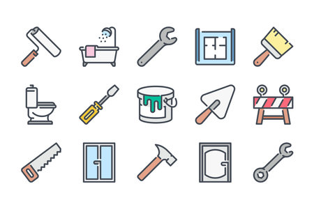 Renovation and home repair color line icon set. Building tools and equipment linear icons. Construction site and house improvement colorful outline vector sign collection.のイラスト素材