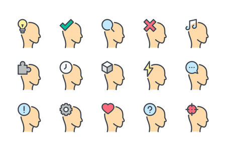 Human brain and brain process, color line icon set. Head and psychology linear icons. Mind, idea and head work colorful outline vector sign collection.のイラスト素材