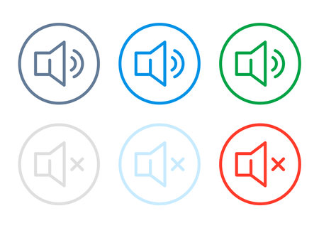 Speaker and Sound active and disabled related icons. Basic color icons for Mute and Listen audio.のイラスト素材