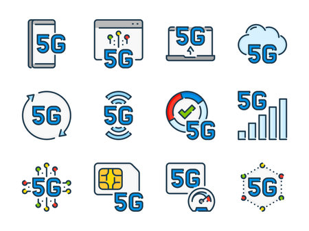 5th Generation Network related vector color line icon set. 5G Technology outline colorful icons. 5G Wireless Internet icon collection.のイラスト素材