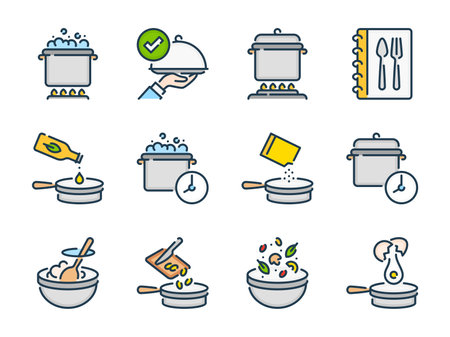 Cooking and Boiling related vector color line icon set. Meal Cooking and Kitchen Equipment colorful outline icons. Food and Kitchen Utensils icon collection.のイラスト素材