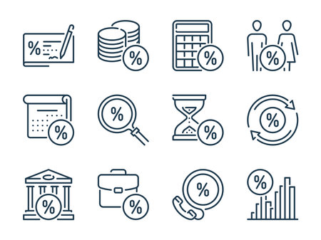 Loan related vector line icon set. Fees outline icons. Tax icon collection.のイラスト素材
