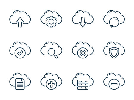 Cloud Network vector line icon set. Cloud Computing outline icons. Cloud Storage icon collection.のイラスト素材