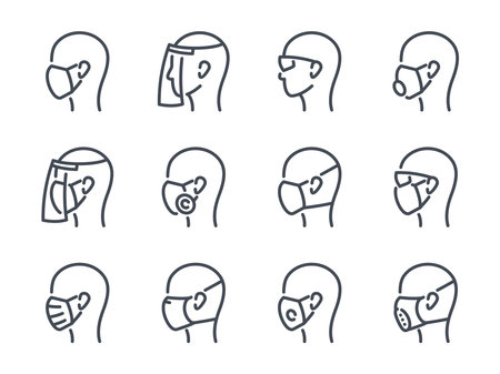 Mask related line icons. Face protection and Face safety equipment icons. Respirator and facial mask vector icons.のイラスト素材