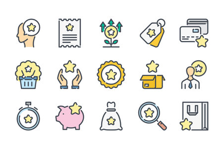 Loyalty Program and Client Bonuses related color line icon set. Customer Reward Service colorful linear icons. Coupon, Cashback and Point Tickets flat color outline vector icons.のイラスト素材