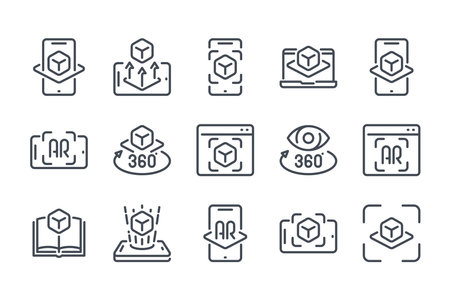 Augmented Reality Vector Line Icon Set. Interactive simulation and Virtual Reality Outline Icons.のイラスト素材