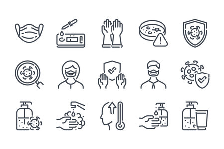 Virus and coronavirus related line icon set. Covid-19 prevention linear icons. Medical mask and Covid test outline vector signs and symbols collection.のイラスト素材
