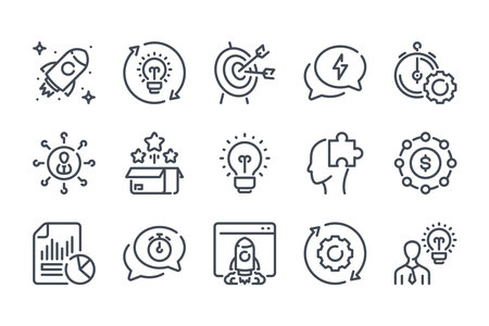 Startup related line icon set. Creative idea linear icons. Launch of the project outline vector sign collection.のイラスト素材