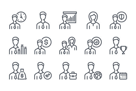 Business People related color line icon set. Team work linear icons. Working staff and Profile Settings flat outline vector sign collection.のイラスト素材