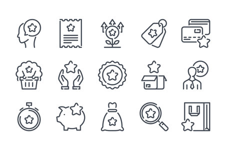 Customer reward service related line icon set. Loyalty program and client bonuses linear icons. Coupon and point tickets outline vector sign collection.のイラスト素材