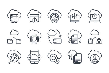 Cloud Computing and Cloud Technology line icon set. Cloud data and server outline icons.のイラスト素材