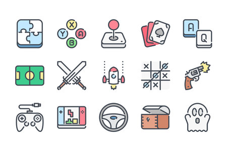 Video game related color line icon set. Games category colorful linear icons. Mobile game flat color outline vector sign collection.のイラスト素材