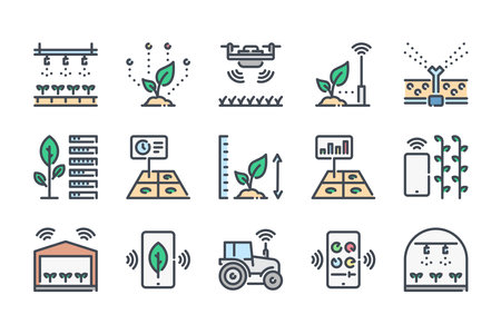 Smart farm related color line icon set. Farm technologies colorful linear icons. Food and farming science flat color outline vector sign collection.のイラスト素材