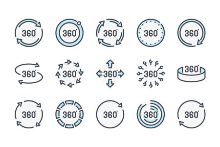 360 degree related color line icon set. 360 view colorful linear icons. Panorama view flat color outline vector sign collection.のイラスト素材