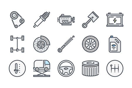 Car service related color line icon set. Car repair and inspection colorful linear icons. Car parts flat color outline vector sign collection.のイラスト素材
