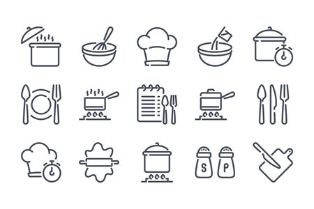 Cooking related line icon set. Pot, pan and kitchen utensils linear icons. Cooking recipe outline vector signs and symbols collection.のイラスト素材