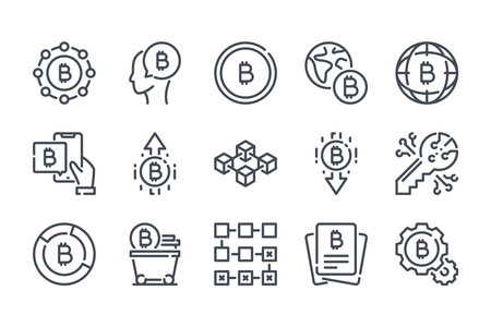 Bitcoin related line icon set. Cryptocurrency linear icons. Crypto money outline vector sign collection.のイラスト素材