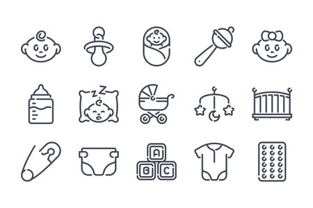 Baby and Toys related line icon set. Maternity and childhood linear icons. Newborn outline vector signs and symbols collection.のイラスト素材