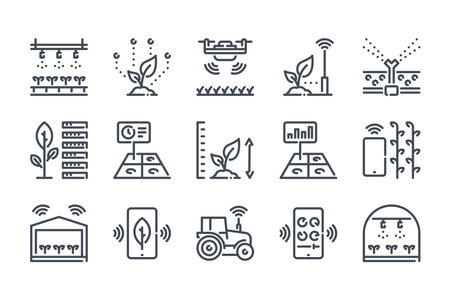 Smart farm related line icon set. Farm technologies linear icons. Food science outline vector signs and symbols collection.のイラスト素材
