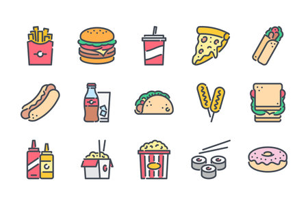 Fast food related color line icon set. Street food colorful linear icons. Burger, hotdog and sandwich flat color outline vector signs and symbols collection.のイラスト素材