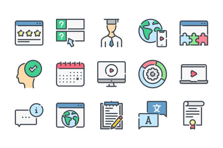 Education and e-learning related color line icons. Lectire and test, quiz colorful vector icon set.のイラスト素材