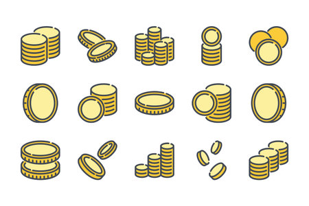 Stack of coins related color line icon set. Coin colorful linear icons. Money and currency flat color outline vector sign collection.のイラスト素材