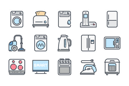 Home appliances related color line icon set. Household colorful linear icons. Kitchen appliances flat color outline vector signs and symbols collection.の素材 [FY310209794002]