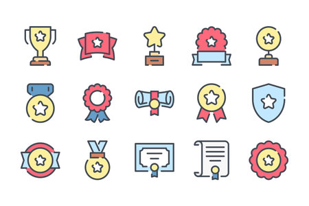 Award trophy related color line icon set. Prize cup and reward linear icons. Diploma and medals colorful outline vector sign collection.のイラスト素材