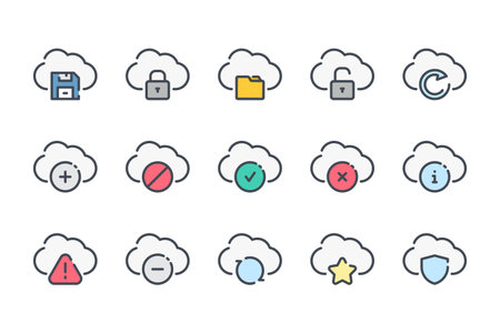 Cloud service related color line icon set. Online technology linear icons. Cloud network and data colorful outline vector sign collection.のイラスト素材