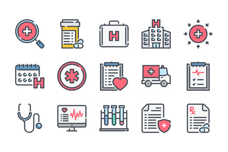 Healthcare and Medical care related color line icon set. Medicine, hospital and medical service linear icons. Medicine colorful outline vector sign collection.のイラスト素材