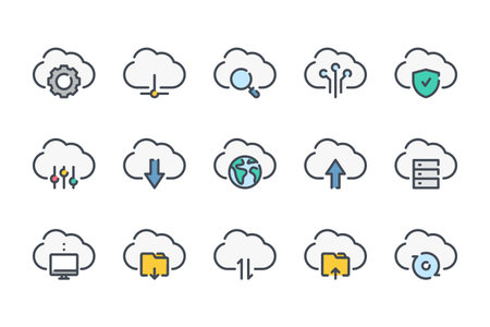 Cloud service and technology related color line icon set. Computing service and Online storage platform linear icons. Cloud network and data service colorful outline vector icons.のイラスト素材