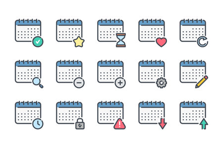 Calendar and Date related color line icon set. Planner linear icons. Calendar services colorful outline vector sign collection.のイラスト素材