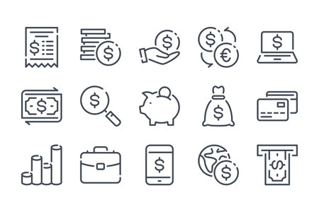 Finance and banking related line icons. Money and payment vector linear icon set.のイラスト素材