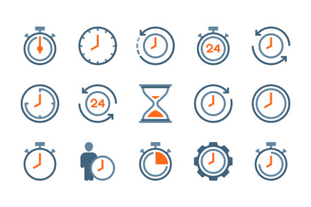 Time and clock flat icons. Alarm and timer vector colorful icon set. Hour and Date icon collection on white background.のイラスト素材