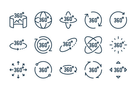 360 degree and panoramic rotation line icon set. Virtual reality vector outline icons.のイラスト素材